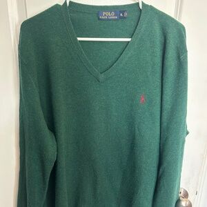 Polo Green V-neck Merino Wool Sweater, XL